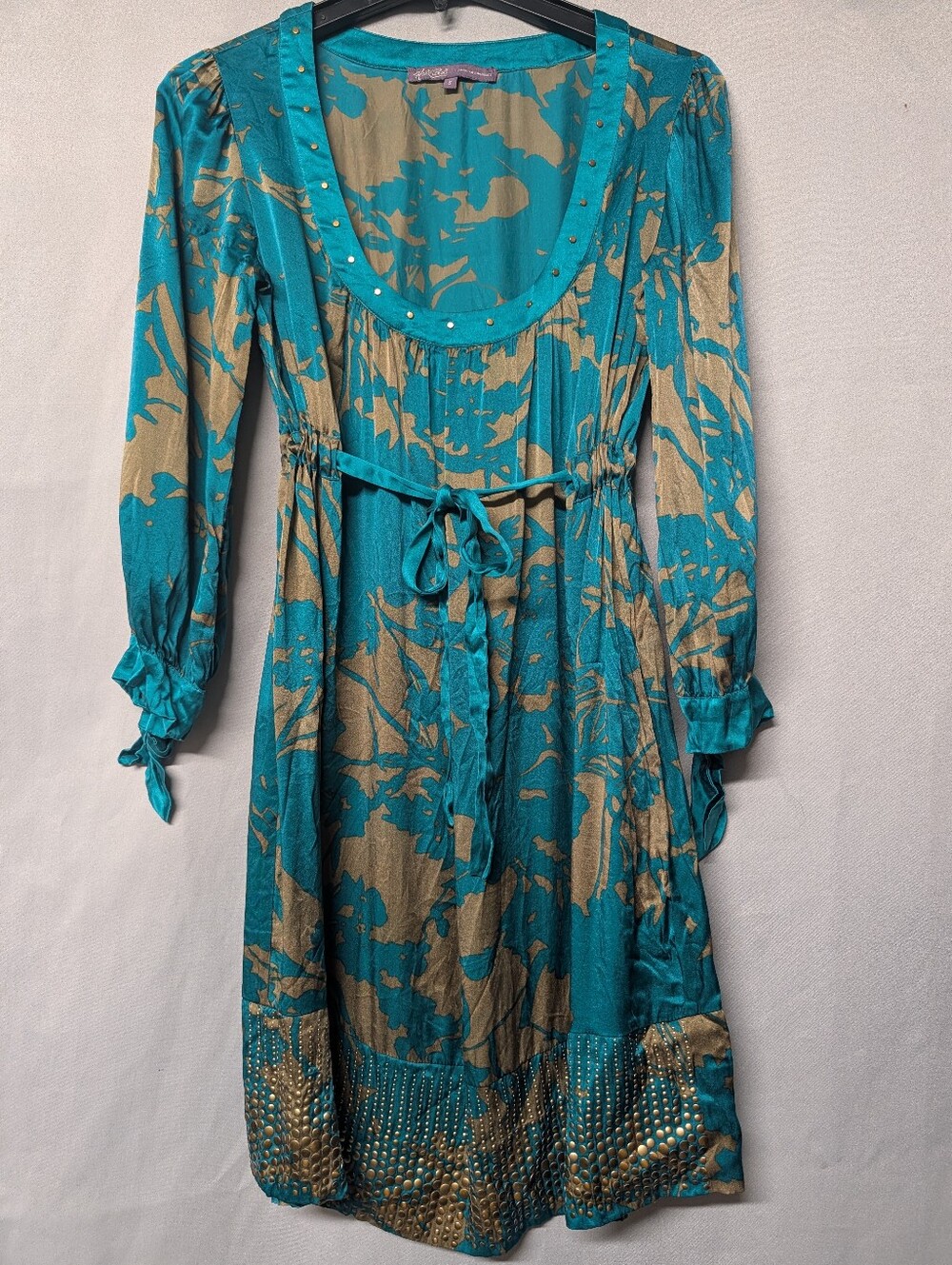 Hale Bob Silk Teal & Gold Floral Tie-Waist Long Sleeve Dress Size Small